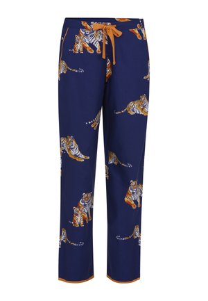 Pantalon de pyjama bleu marine avec cordon de serrage orange et imprimé tigre présentant des tigres adultes et leurs petits dans différentes poses.