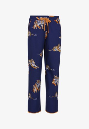Pantalon de pyjama bleu marine avec cordon de serrage orange et imprimé tigre présentant des tigres adultes et leurs petits dans différentes poses.