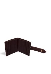 Brown leather wallet with a textured finish, featuring multiple card slots, an interior compartment, and a snap closure strap.