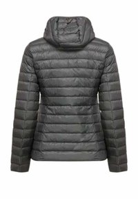 Wattierte Jacke, dunkelgrau, gesteppter Entwurf, mit Kapuze, horizontalen Nahtmustern, glatter Textur und tailliertem Schnitt.