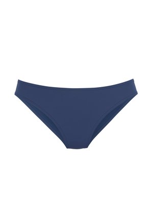 Marineblaue Bikinihose in tiefer Taille mit einfachem Design und elastischem Bund, auf weißem Hintergrund dargestellt.