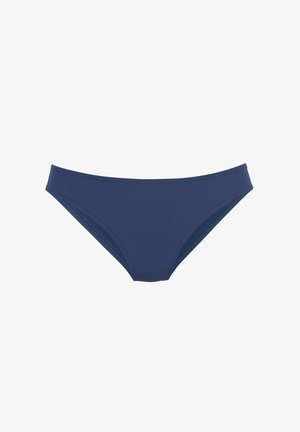 Marineblaue Bikinihose in tiefer Taille mit einfachem Design und elastischem Bund, auf weißem Hintergrund dargestellt.