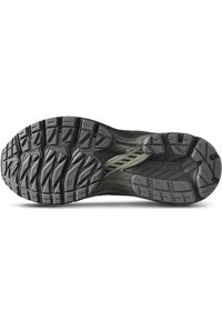 Gummisohle mit tiefen Profil, in einer Mischung aus Grau und Schwarz, verstärkte Mittelsohle und auffällige Traktionsmuster für besseren Grip.