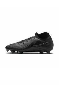 Scarpa da calcio nera con tomaia testurizzata, design elegante e accenti verdi. Presenta un collo alto e una suola multi-terreno per una migliore aderenza.