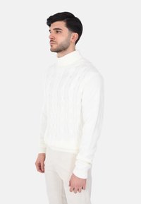 Maglione bianco a collo alto con lavorazione a treccia, maniche lunghe e polsini a costine, caratterizzato da un design testurizzato. Indossato con pantaloni in velluto a coste di colore chiaro.