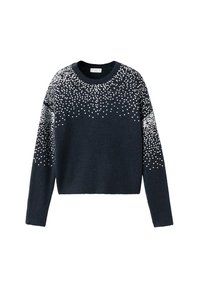 Maglione blu navy con maniche lunghe, scollatura rotonda, presenta decorazioni in argento sparse nella parte superiore, tessuto morbido.