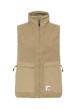 Beige fleecegefütterte Weste mit hohen Kragen, frontalem Reißverschluss und zwei Reißverschluss-Taschen. Verfügt über einen strukturierten Stoff und flache Nahtdetails.