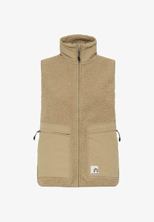 Beige fleece-fôret vest med høy krage, frontglidelås og to glidelåslommer. Har strukturert stoff og flate sømdetaljer.