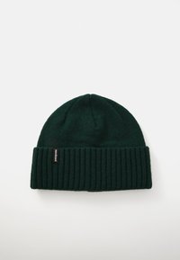 Green knitted beanie hat with a folded ribbed cuff and a small black logo label. Soft texture, rounded top shape, simple design.