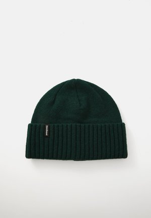 Green knitted beanie hat with a folded ribbed cuff and a small black logo label. Soft texture, rounded top shape, simple design.