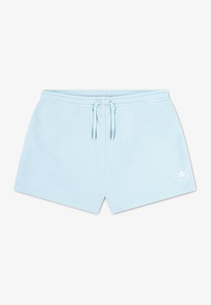 Ανοιχτό μπλε βαμβακερά σορτς με ελαστική μέση, ρυθμιζόμενο κορδόνι και ένα μικρό λευκό λογότυπο τυπωμένο στο κάτω αριστερό μέρος.