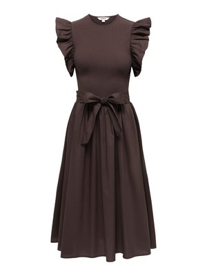Dark brown sleeveless midi dress with ruffled shoulders, fitted ribbed bodice, and a tied waist belt above a flowing skirt.