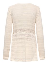 Kremasto obarvan dolg pulover z dolgo zanko in vodoravnimi teksturiranimi vzorci ter rahlo zbran v pasu, prikazan od zadaj.