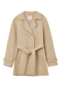 Beige doppelreihiger Trenchcoat mit einem Gürtel, Schulterklappen und Knopfdetails. Hergestellt aus einem glatten, leichten Stoff.