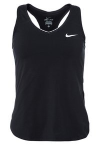Camiseta sin mangas Nike Dri-FIT negra con diseño de espalda cruzada. Tejido suave con logo blanco en el pecho, dobladillo curvado y textura transpirable.