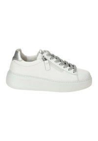 White leather sneaker with silver accents, featuring gray laces, a rounded toe, and a white rubber platform sole. Side zipper detail included.