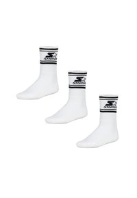 Weiße Baumwollknöchelsocken mit schwarzen gerippten Bündchen, die das "Starter"-Logo und zwei schwarze Streifen oben zeigen. Drei Paare abgebildet.