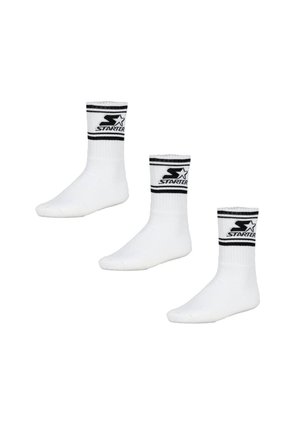 Weiße Baumwollknöchelsocken mit schwarzen gerippten Bündchen, die das "Starter"-Logo und zwei schwarze Streifen oben zeigen. Drei Paare abgebildet.