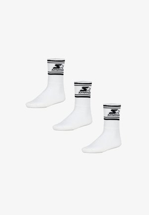 Weiße Baumwollknöchelsocken mit schwarzen gerippten Bündchen, die das "Starter"-Logo und zwei schwarze Streifen oben zeigen. Drei Paare abgebildet.