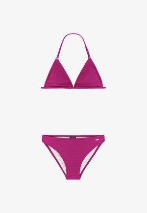 Magenta getextureerde tweedelige bikini met verstelbare driehoekige top en klassieke broekjes op een witte achtergrond.