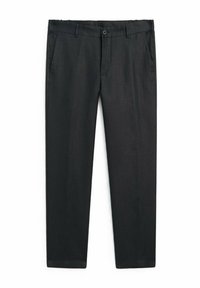Black trousers made of a smooth, lightweight fabric. Features include two front pockets and a straight-leg design with a hemmed finish.