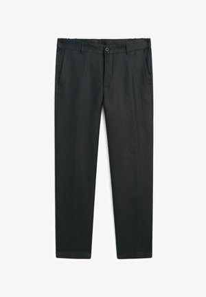 Pantalon noir en tissu lisse et léger. Comprend deux poches avant et une coupe droite avec une finition ourlée.