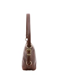Borsa in pelle marrone con una superficie liscia, una sola tracolla e un accento di fibbia metallica sul lato. Forma leggermente arrotondata con dettagli cuciti.
