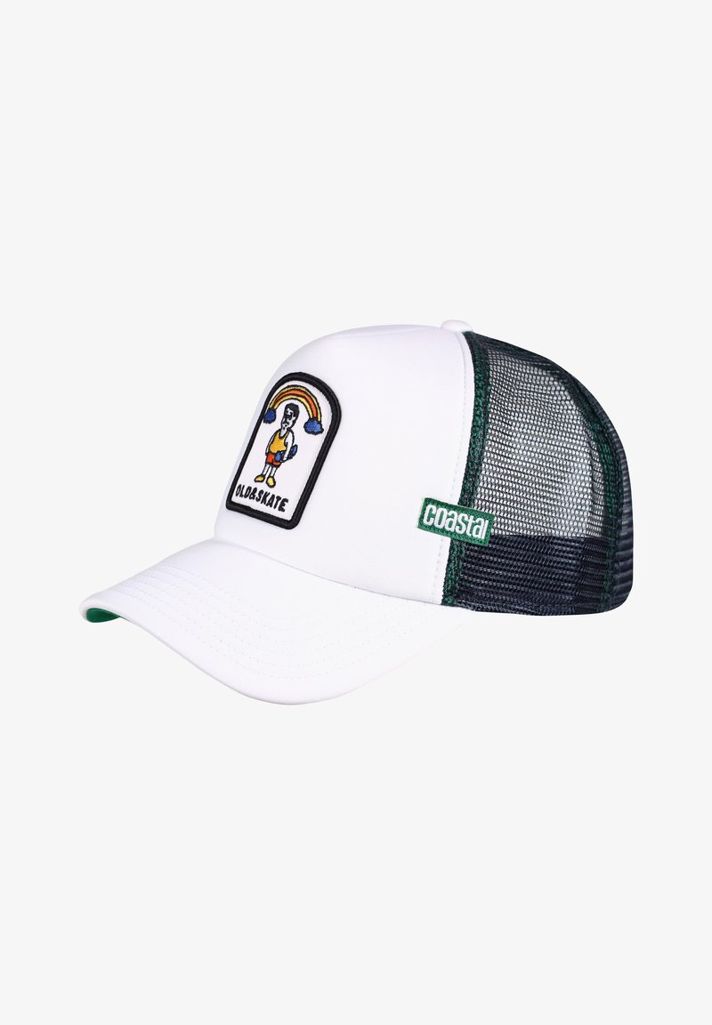 Casquette blanche avec un dos en mesh noir, ornée d'un patch brodé coloré représentant un personnage et le texte "coastal" en vert.