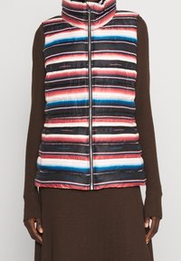 Vuorillinen hihaton liivi, jossa on monivärisiä vaakasuoria raitoja punaisena, sinisenä ja valkoisena mustalla taustalla. Siinä on korkea kaulus ja vetoketjukiinnitys.