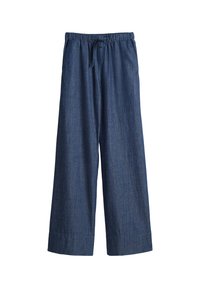 Loose-fitting, navy blue, denim-style pants with an elastic waistband and drawstring. Soft texture and wide leg design.