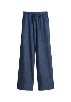 Loose-fitting, navy blue, denim-style pants with an elastic waistband and drawstring. Soft texture and wide leg design.