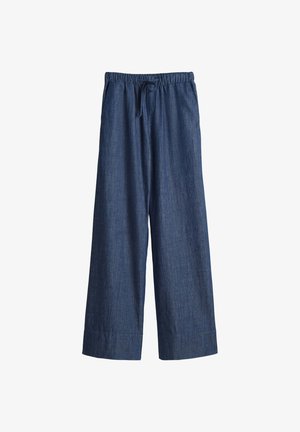 Pantaloni in denim blu navy, morbidi e a taglio largo, con vita elasticizzata e cordoncino. Texture morbida e design a gamba larga.