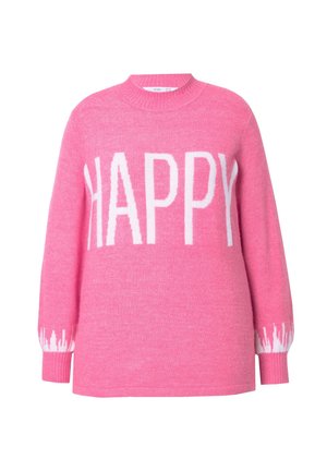 Pull en rose, fabriqué dans un matériau doux, arborant le mot "HAPPY" en blanc. Le design présente des poignets côtelés avec des accents blancs.