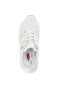 White athletic shoe with mesh upper, padded collar, and laces. Interior features a cushioned insole with a logo. Distinct smooth and textured accents.