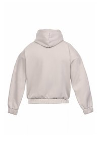 Lys grå hoodie med en afslappet pasform, der har snoretræk i hætten, ribbede manchetter og en cropped elastisk kant. Glat stoftekstur.