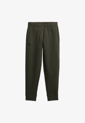 Pantaloni jogger verde oliva realizzati in tessuto morbido, dotati di tasche laterali, cinturino elastico in vita e polsini a coste alle caviglie. Dettaglio del logo piccolo.