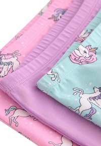 Tre par mønstrede leggings i lyserød, lavendel og lys teal; med enhjørningedesign og et blødt, strækbart bomuldsstof.