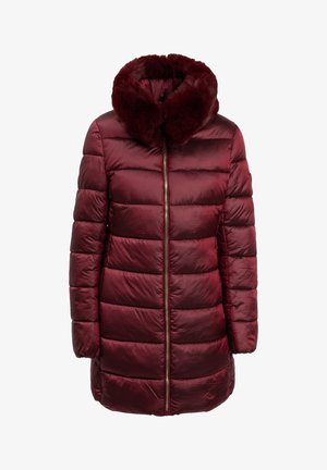 Maroon quilted puffer coat with front zipper and large soft faux fur collar, knee-length, long sleeves, and horizontal stitching.