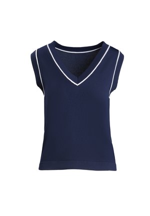 Navy short-sleeve top with a V-neck, featuring white trim along the neckline and armholes, made from a smooth, lightweight fabric.