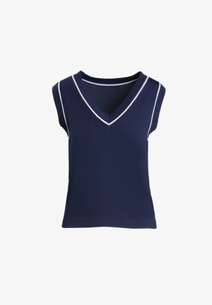 Navy short-sleeve top with a V-neck, featuring white trim along the neckline and armholes, made from a smooth, lightweight fabric.