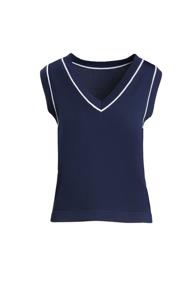 Mornarski kratki rokav s V-izrezom, obogaten belim robom okoli izreza in armhole-ov, izdelan iz gladkega, lahkega materiala.