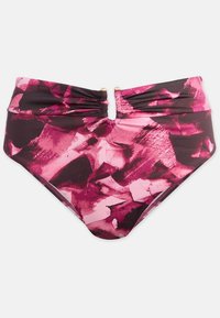 Bikini spodnji del s širokim pasom v rožnati in črni abstraktni vzorec, z nabranim materialom na pasu in majhnim zlatim detajlom.