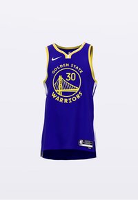 Violets basketbola krekls ar dzelteniem akcentiem, uzraksts "Golden State Warriors", spēlētāja numurs "30" un Nike logotips. Pievienota etiķete.