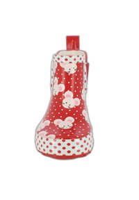 Botte de pluie en caoutchouc rouge avec des pois blancs et des motifs de souris, dotée d'une languette à l'arrière et d'un bout arrondi pour un enfilage facile.