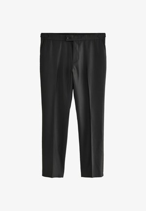 Černé formální kalhoty vyrobené z hladké tkaniny, s rovnými nohavicemi, zapínáním na knoflík a bočními kapsami. Bez vzorů nebo ozdob.