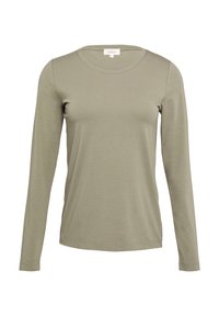 Langarm T-shirt met ronde hals in een licht olijfgroen, gemaakt van zachte stof met een gladde textuur, voorzien van een subtiele stikseldetail.