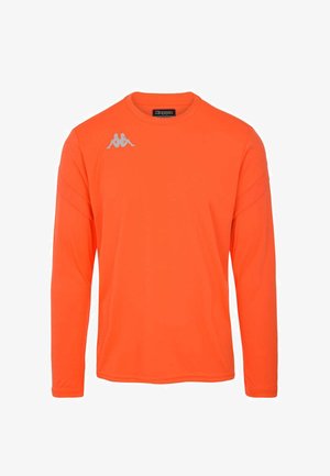 Lange mouwen sportshirt in helder oranje, gemaakt van gladde stof. Voorzien van een klein wit logo op de linkerschouder en geribbelde manchetten.