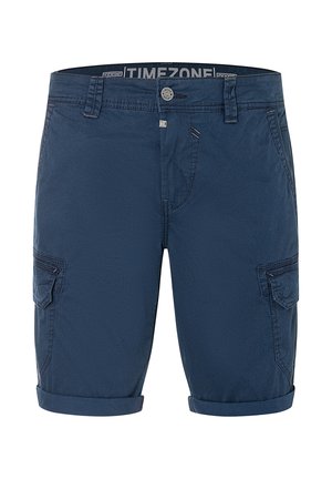 Marineblaue Herren-Cargoshorts mit umgeschlagenen Säumen, Vorderknopf und Reißverschluss, Gürtelschlaufen und seitlichen Klappentaschen.