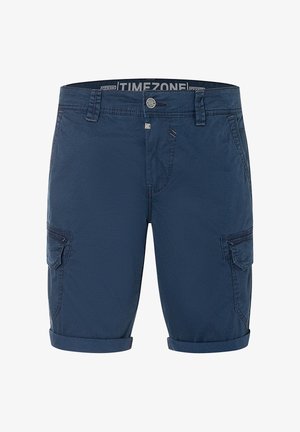 Marineblaue Herren-Cargoshorts mit umgeschlagenen Säumen, Vorderknopf und Reißverschluss, Gürtelschlaufen und seitlichen Klappentaschen.