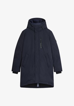 Mornarsko plava zimska jakna s kapuljačom, prednjim zatvaračem, dva bočna džepa i elastičnim manžetama. Glatka, mat površina s minimalističkim dizajnom.